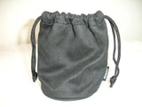 Nikon soft lens case pouch with drawstring, dark gray fabric.