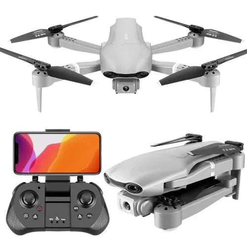 Foldable quadcopter drone in white with front camera, four propellers, and controller screen