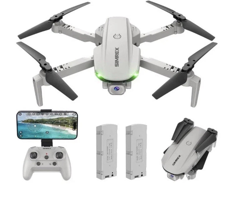 Foldable FPV quadcopter drone with camera, gray body, includes controller and batteries