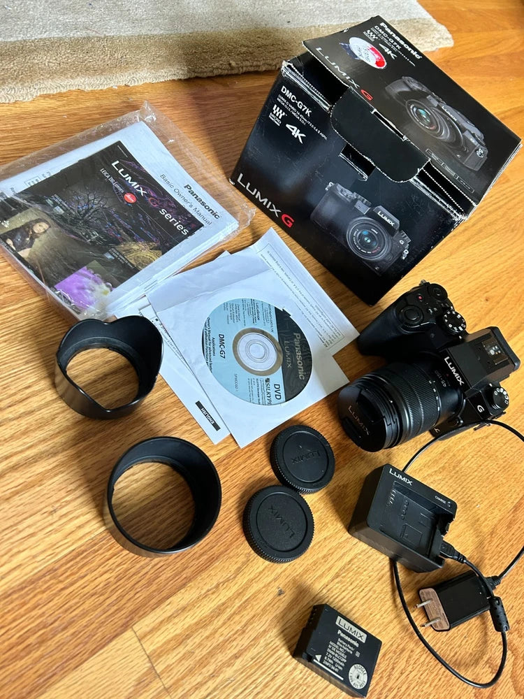 Panasonic Lumix G DMC-G7K G7 Bundle 45-150mm Lens Battery Charger Hoods NICE!
