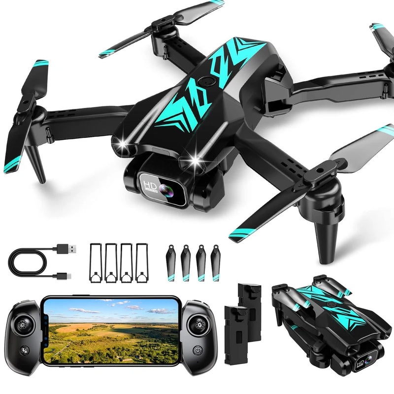 Foldable cyan mini drone with camera and controller screen, plus spare propellers