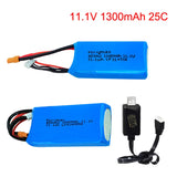 Blue LiPo RC battery pack with black/red leads and USB charger cable