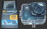 Waterproof action camera with clear case, front lens and mounting base