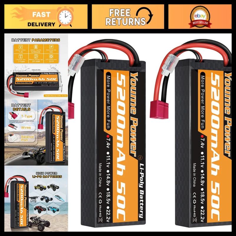High-Performance 2S Lipo Battery 7.4V 5200mAh 50C Hard Case - 2 Packs for RC Car Battery