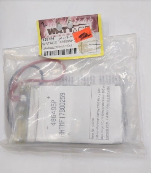 2-cell LiPo battery pack in clear plastic bag with printed label