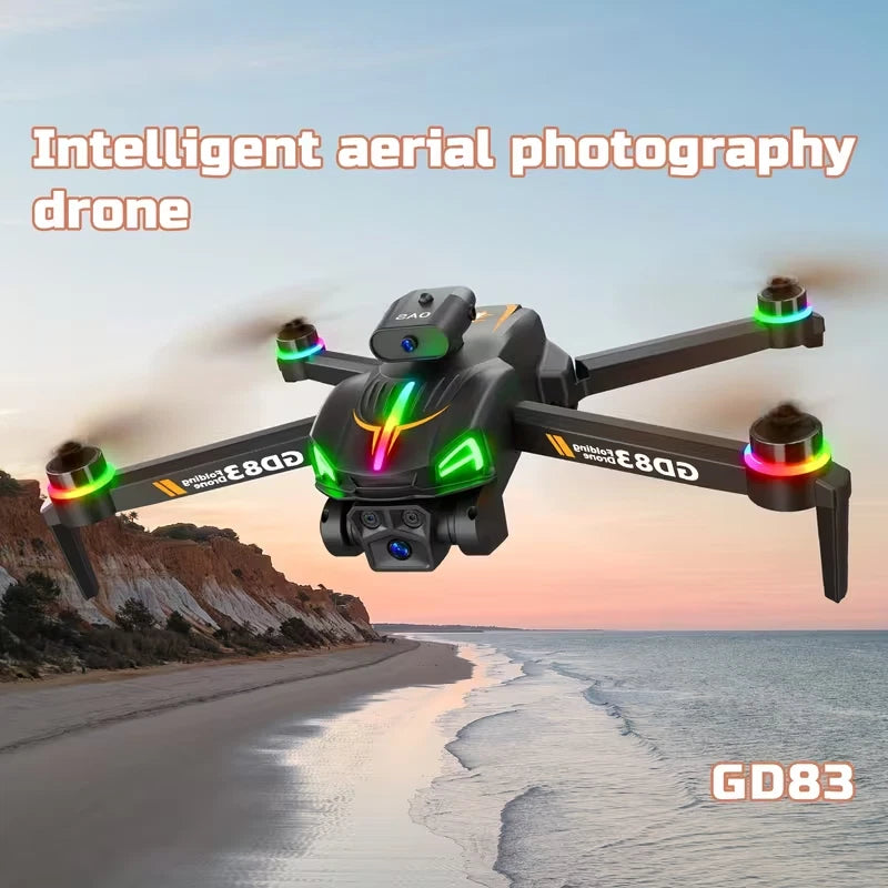 Professional aerial photography drone with four rotors and green LED lights