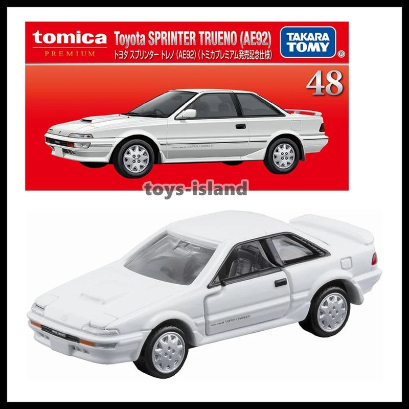 White die-cast Toyota Sprinter Trueno AE92 W toy car, side view, silver wheels