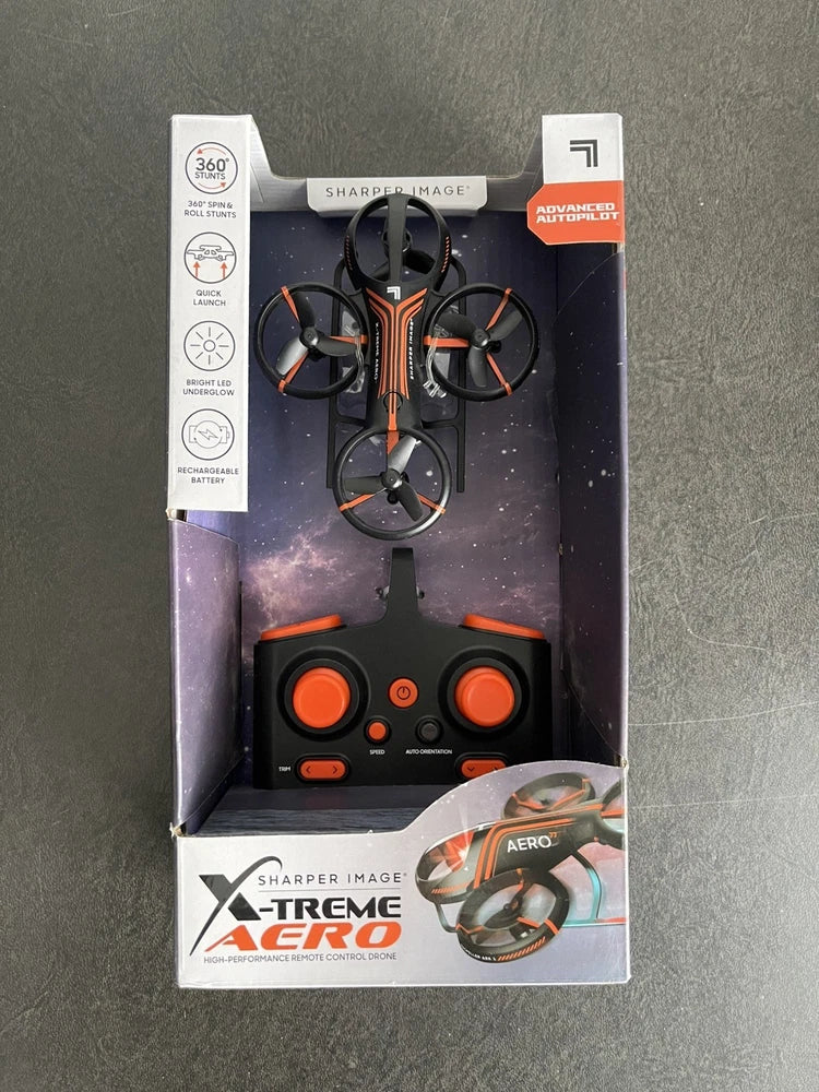 Sharper Image Aero stunt drone packaging with 4-blade drone and handheld remote