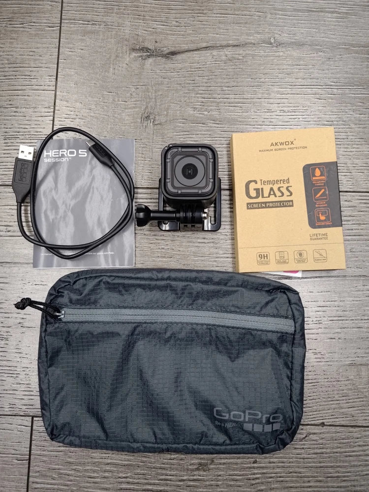 GoPro HERO5 Session action camera with protective glass and black carry pouch