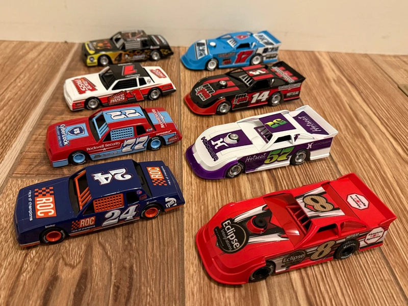 Set of 8 pull-back stock car toy race cars, colorful racing decals