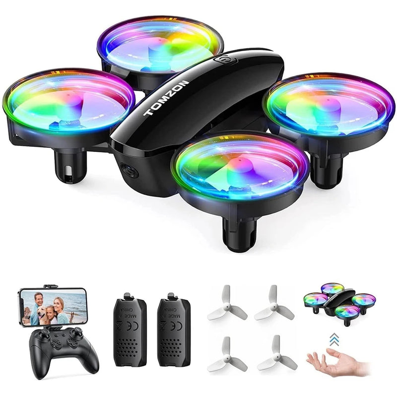 Black quadcopter toy drone with four colorful LED propeller rings