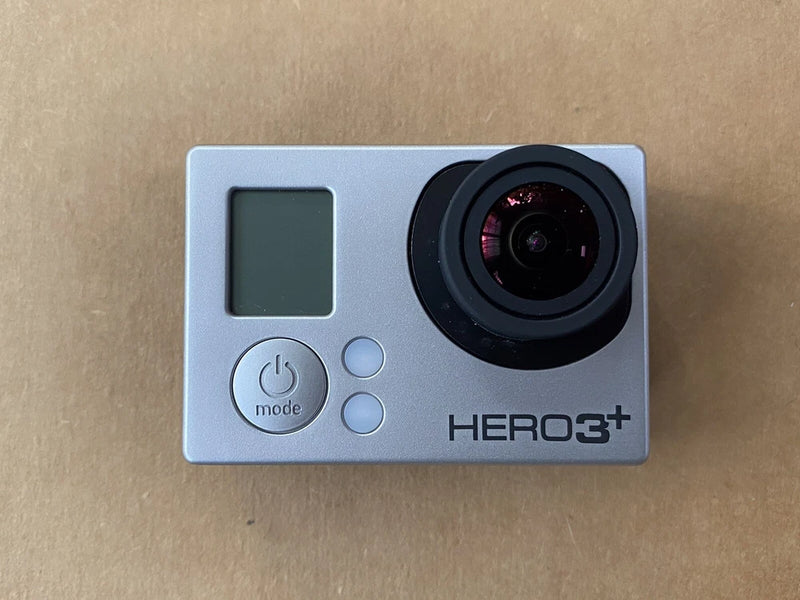 GoPro HERO3+ action camera with front lens and display window, silver-gray housing