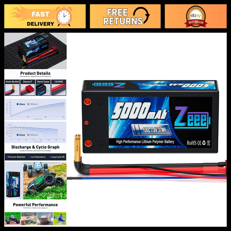 5000mAh 2S Shorty LiPo Battery 7.4V 100C Hard Case for RC Cars Trucks Boats Battery