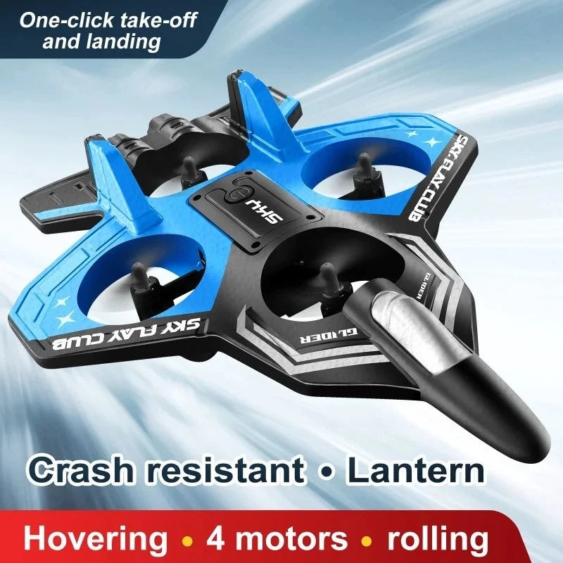 Blue and black RC stunt jet drone with four propellers, foam body