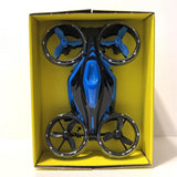 Blue and black mini drone with four propellers, shown in retail box