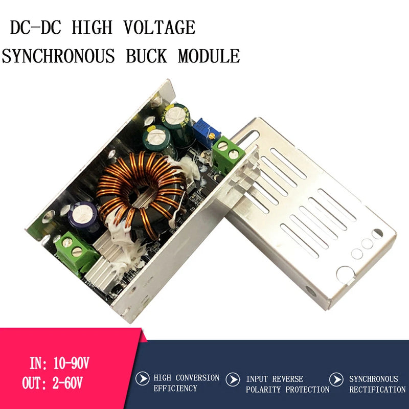 DC-DC step-down converter module with green PCB, copper inductor coil, and metal heatsink