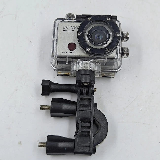 Black Denver WiFi action camera in clear case with stand mount and lens