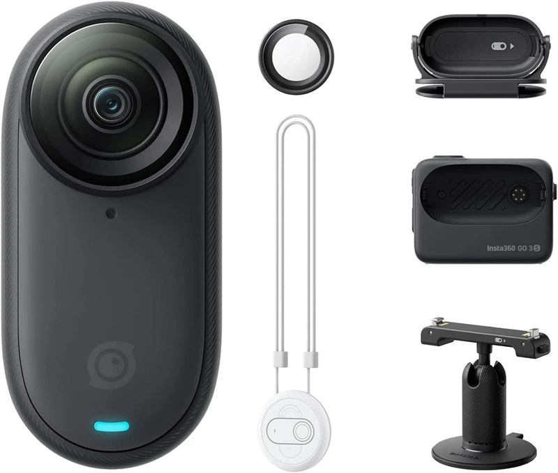 Midnight black Insta360 Go 3s action camera with charging accessory and mounting base