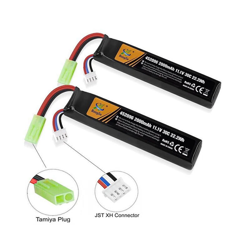 2Pcs 11.1V 2000mAh 30C LiPo Battery Mini Tamiya Plug for Airsoft RC Lipolymer