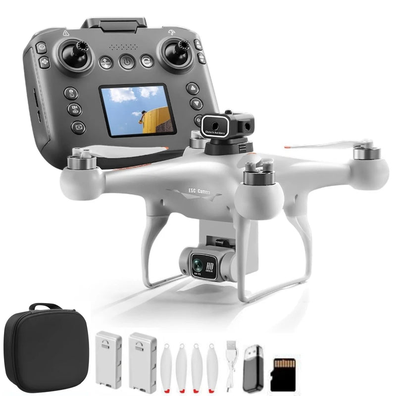 White hobby drone with remote controller and built-in screen, dual camera module