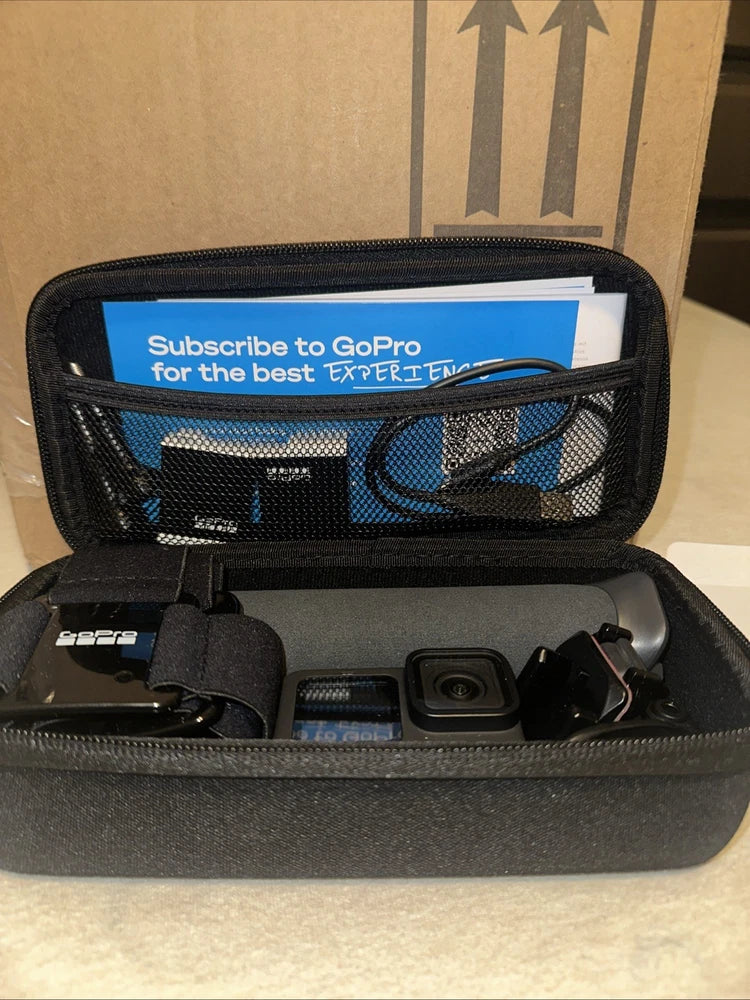 GoPro Hero11 black action camera bundle in open black hard case with camera and mounts