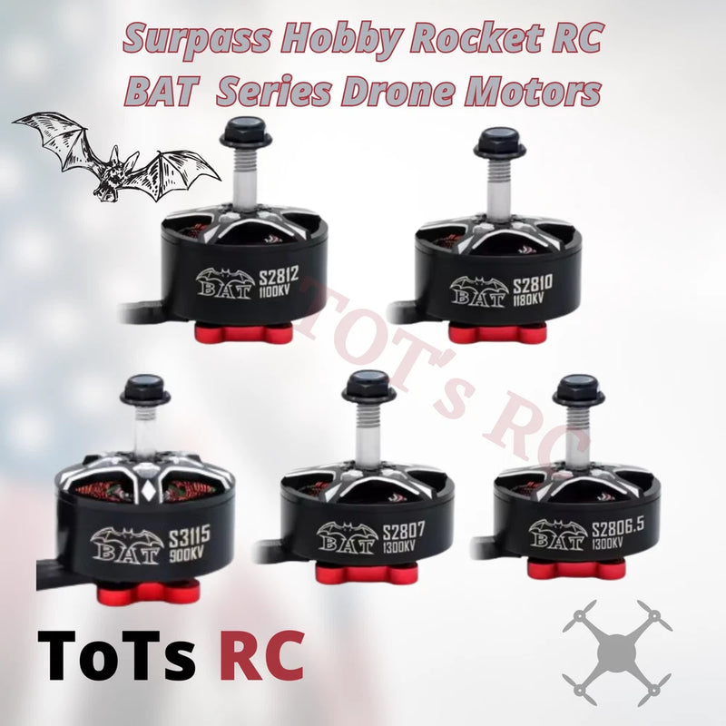 BAT Series drone motors set, black motor housings with red mounts and prop shafts