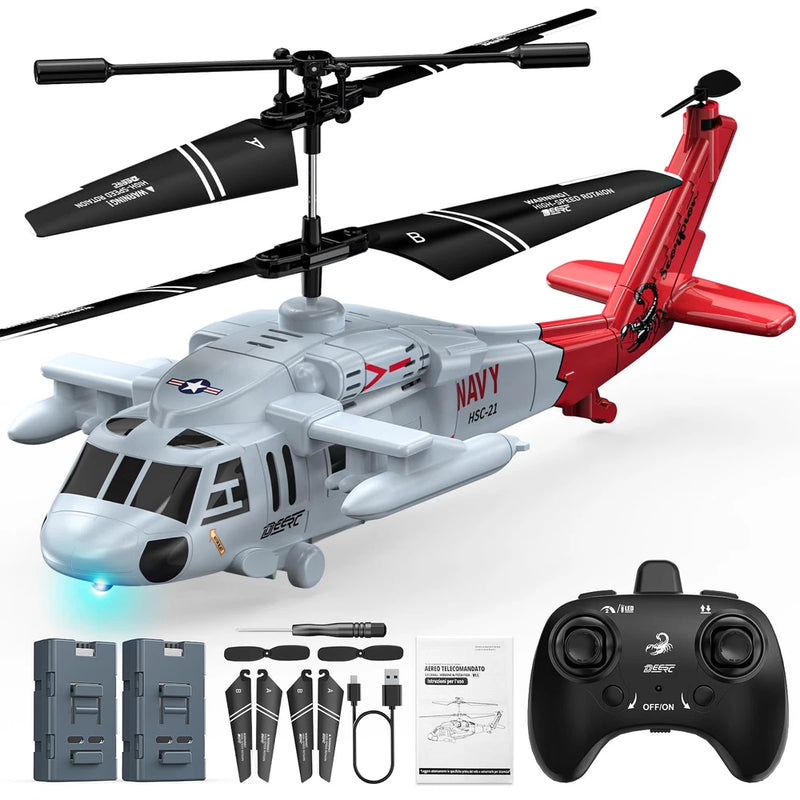 DEERC Black Hawk RC helicopter with remote and accessories, red and navy with black rotors