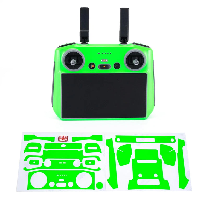 Neon green drone skin sticker set with pre-cut panel pieces and controller cutouts