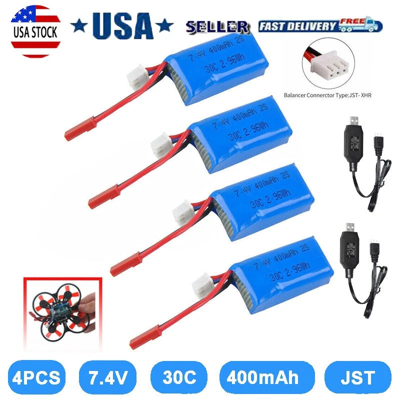 4x 400mAh 7.4V 30C 2S LiPo Battery w/ JST Plug for Micro Quadcopter FPV RC Drone