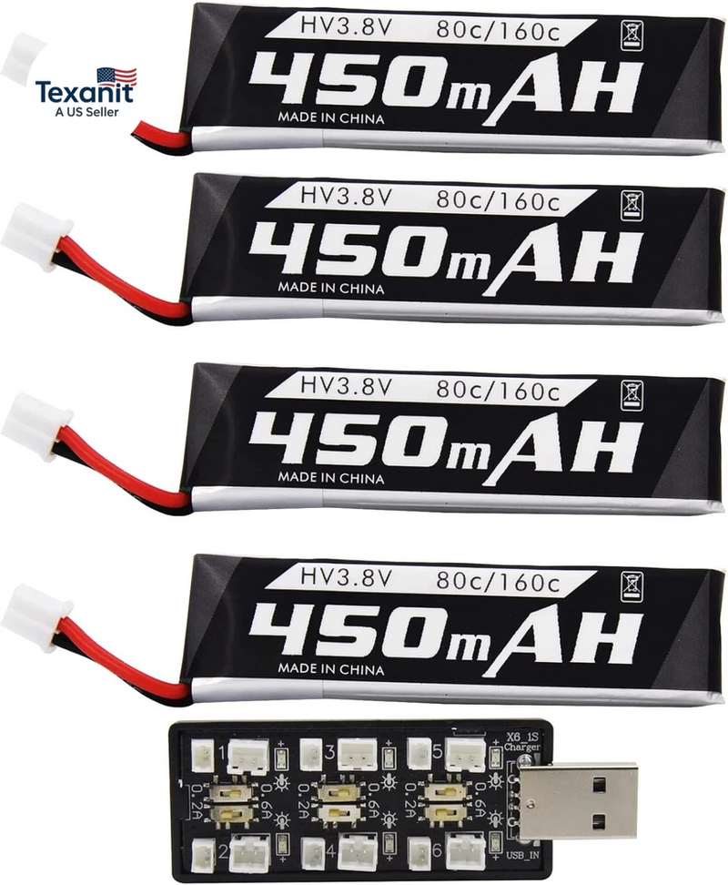4 Pack 1S 3.8V 450Mah 80C Lipo Battery with PH2.0 Plug Compatible with S Free St