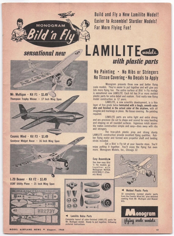 Monogram Bild 'n Fly Lamilite Model Airplane Vintage Magazine Ad 1960 Hobby