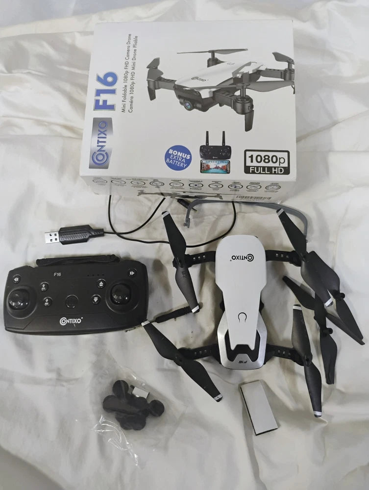 FPV camera drone with controller, propeller guards, and spare parts, for parts