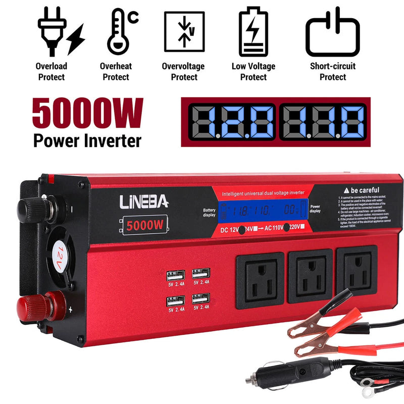 Car Power Inverter 5000W DC 12V to AC 110V / 24V to AC 110V Solar Converter 4USB