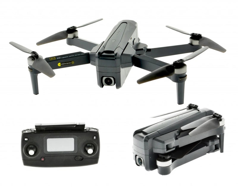 Foldable gray quadcopter drone with camera and four propellers, with gray remote controller