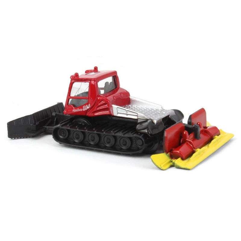 Red and black metal snow groomer toy model with silver blade and tracks, plus yellow base