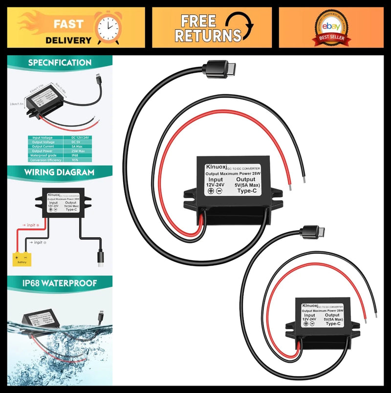 12V/24V to 5V USB C Step Down Converter 5A 25W Waterproof Buck Module - 2-Pack f