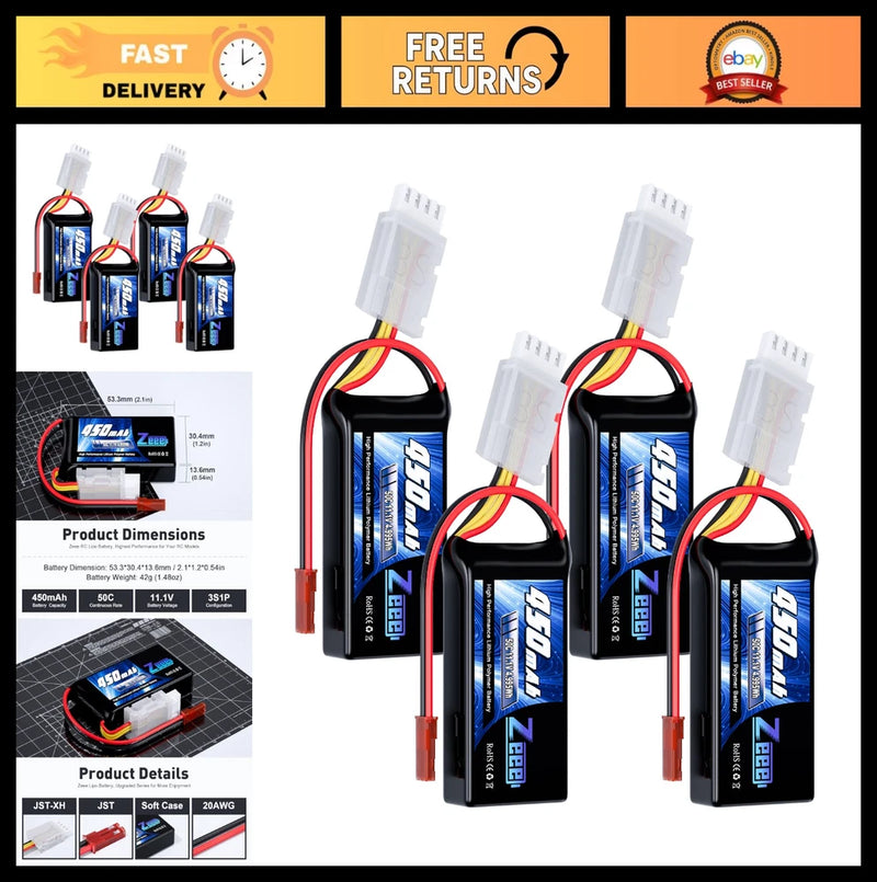 Zeee 3S 450mAh 11.1V 50C LiPo Battery with JST Plug 4 Pack