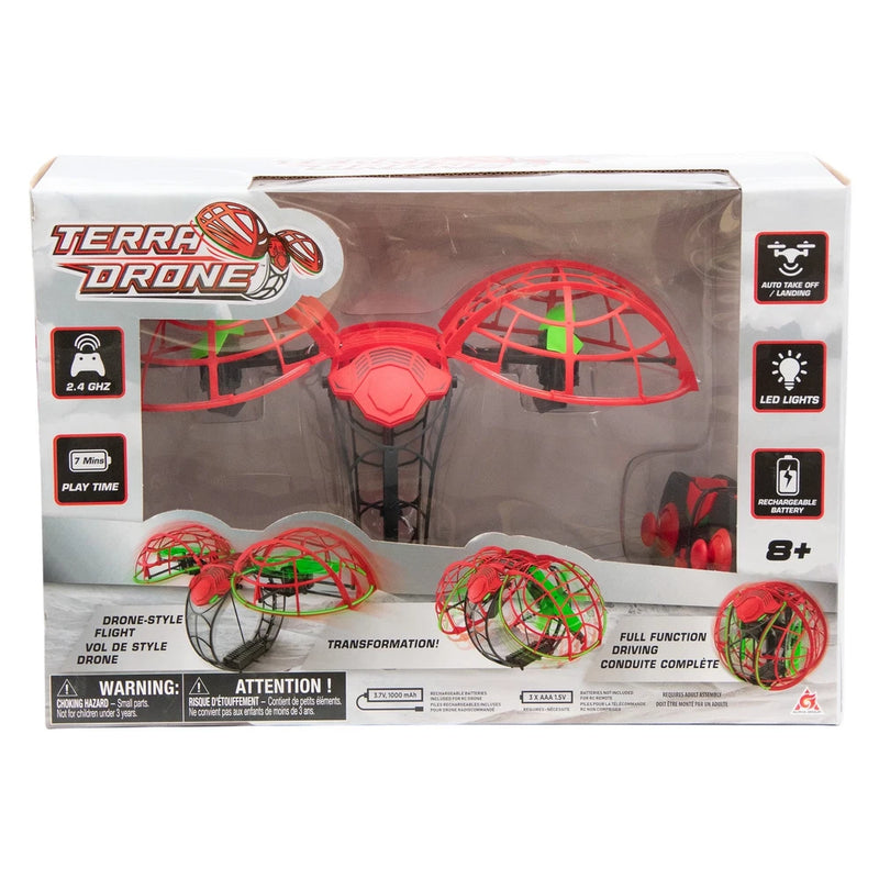 Red 2.4 GHz 2-in-1 flying and driving drone with LED lights