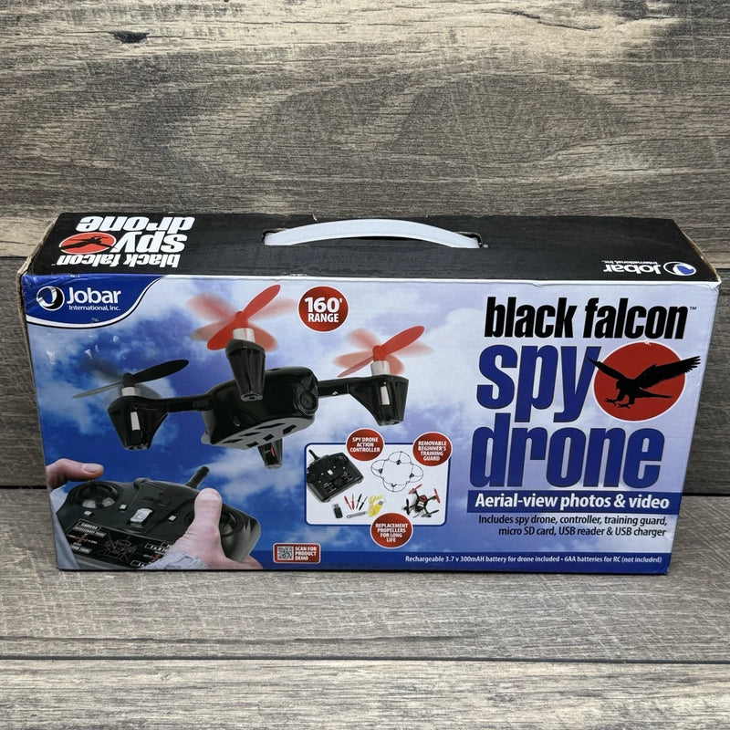 Spy drone kit box showing Black Falcon drone and controller, 160 ft range