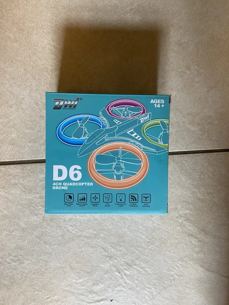 D6 4ch quadcopter drone retail box with blue packaging and drone illustration