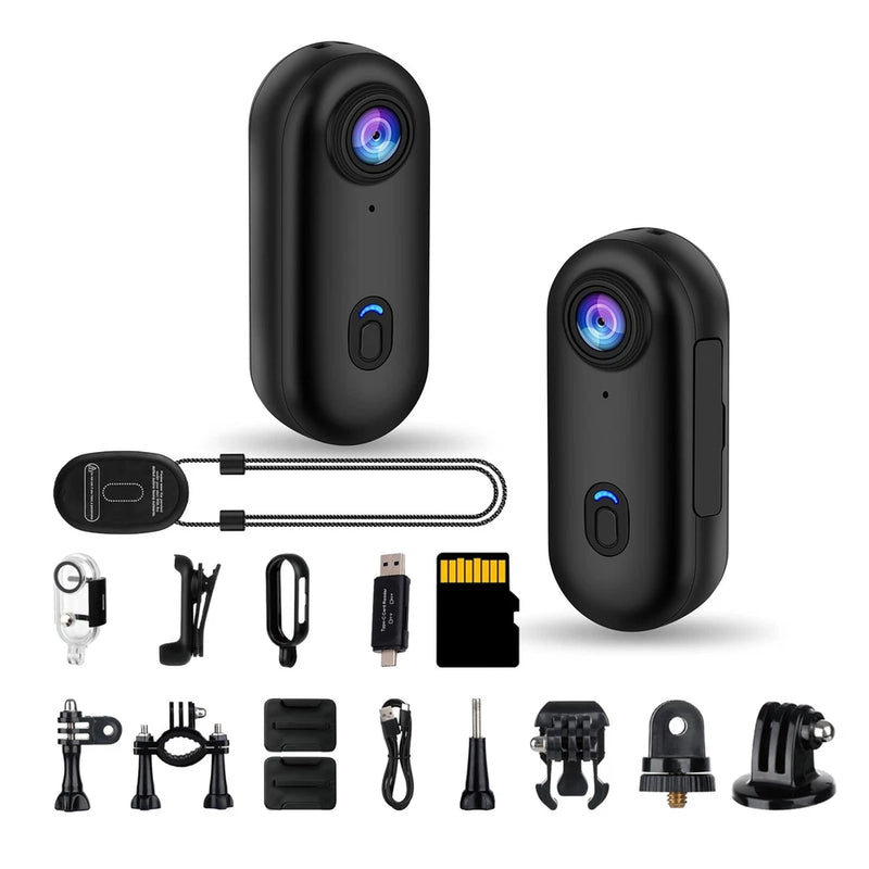 Compact black POV body camera kit with mounting accessories and charging cables