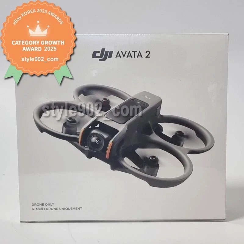 DJI Avata 2 FPV drone with four black propellers, shown in retail box