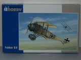 1/48 scale Fokker D.V model kit box with aircraft artwork and “Fokker D.V” text
