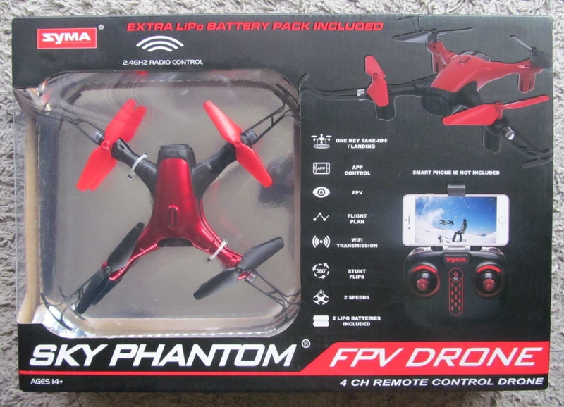 SYMA Sky Phantom FPV drone kit with red 4-CH remote and phone controller holder