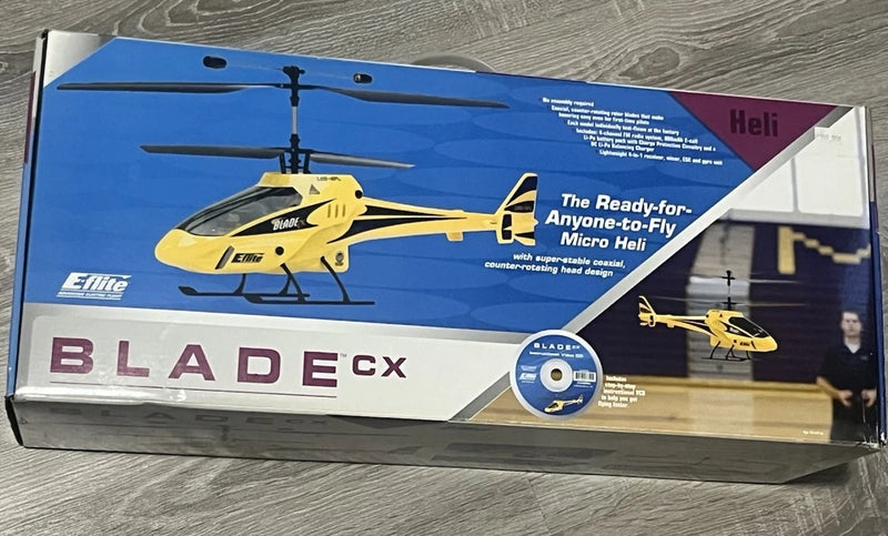 Blade CX RC coaxial helicopter RTF box with yellow helicopter graphic