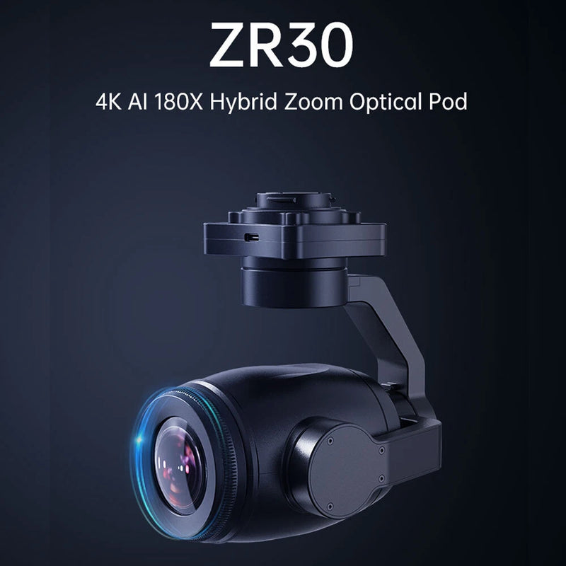 Black gimbal camera pod with zoom lens and cylindrical housing