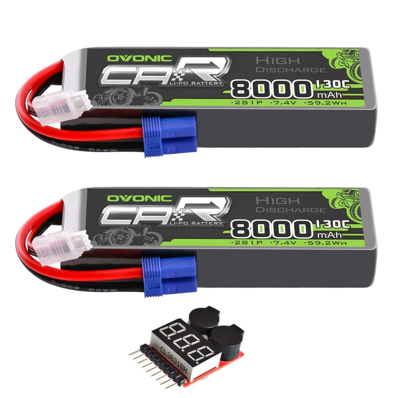 High-Performance 2S LiPo Battery 8000mAh 7.4V 130C RC Pack + Voltage Checker - 2 Battery