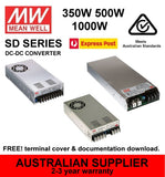 Mean Well SD series DC-DC converter, metal-cased unit shown with 350W/500W/1000W