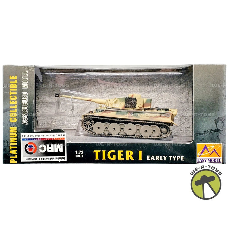 1:72 Tiger I early type military tank model in retail box, assembled vehicle shown
