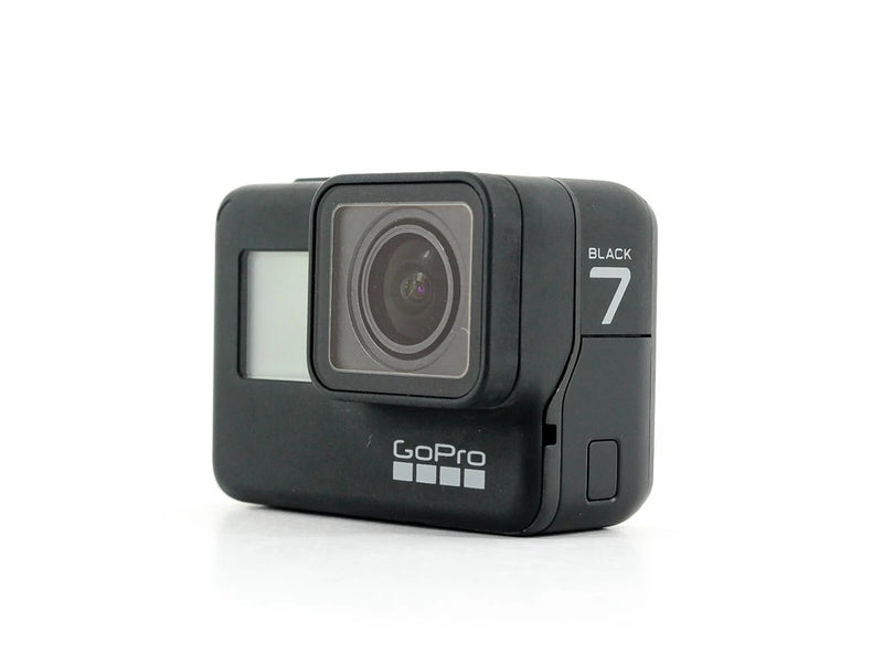 GoPro HERO7 Black action camera, front lens and branding with status screen